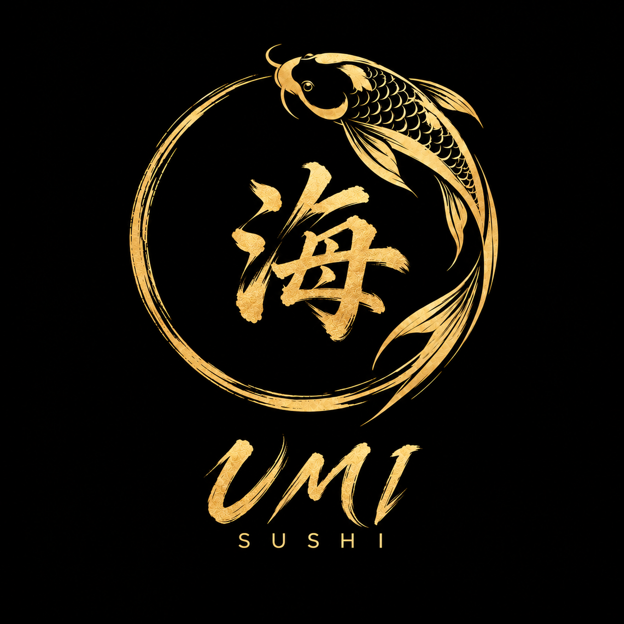 Logotipo UMI Sushi com duas carpas douradas